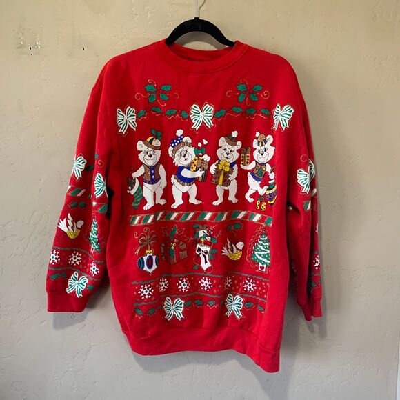 Holiday Time Tops - Vintage Holiday Time Bears Ugly Christmas Sweater Sz Large Red Holiday Crewneck